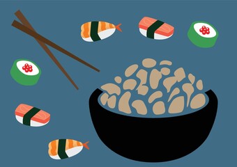 Poster - sushi with rice bowl and chopsticks