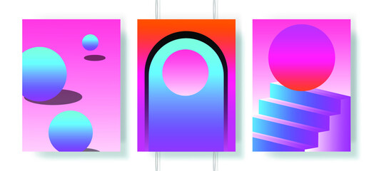 Wall Mural - Retrowave and synthwave style posters for music event. Set of vector cover templates with surreal geometric composition in neon vibrant colors.