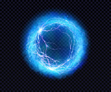 Fototapeta  - Electric ball. Lightning circle. Thunderbolt. Vector electric discharge effect. The light sphere in blue and purple colors isolated on a black background. Flash, plasma ball, energy or portal. Vector
