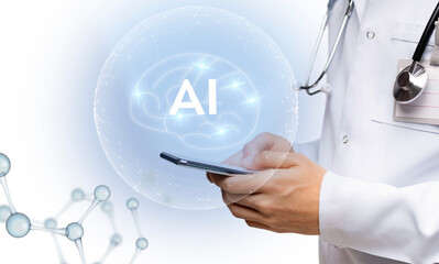 Poster - Doctor using mobile phone with brain projection above