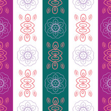 Vector Teal, Pink, White Striped Folk Art Seamless Pattern Background. Modern Geometric Backdrop With Wide Stripes And Abstract Floral Shapes Decorations. Stylized Design. All Over Print For Wellness