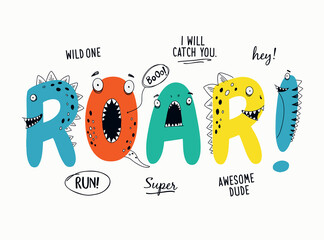 Wall Mural - Roar slogan graphic with funny dinosaur cartoons. Vector graphics for t-shirt prints and other uses.