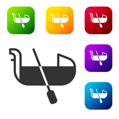 Sticker - Black Gondola boat italy venice icon isolated on white background. Tourism rowing transport romantic. Set icons in color square buttons. Vector.