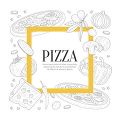 Wall Mural - Pizza Banner Template, Traditional Italian Dish Ingredients of Square Shape Hand Drawn Vector Illustration