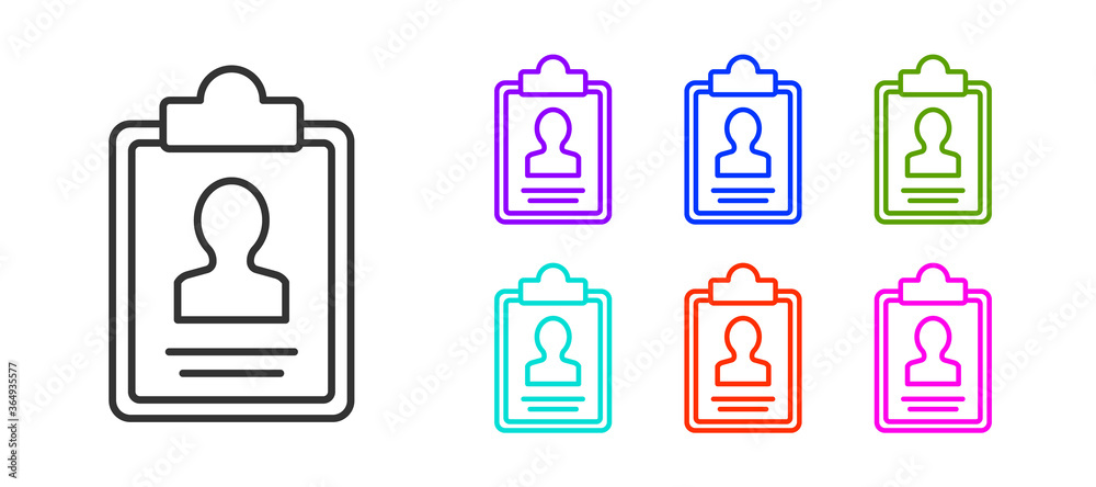 Black line Clipboard with resume icon isolated on white background. CV ...