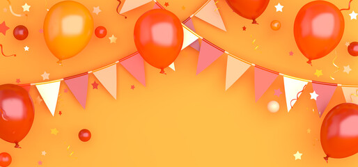 Wall Mural - Orange balloons, bunting flags, confetti on background, Autumn concept design, halloween, copy space text, 3D illustration.