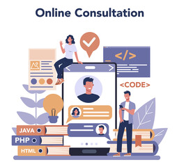 Web programming online service or platform. Coding, testing
