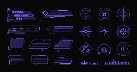 Poster - Various modern hud flat elements set. Hologram dashboard and data frameworks vector illustration collection. Interface design and digital technology concept