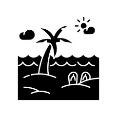 Poster - Seaside resort black glyph icon. Summer vacation, tropical tourism, paradise island silhouette symbol on white space. Recreation on exotic beach, sea shore with palm tree vector isolated illustration