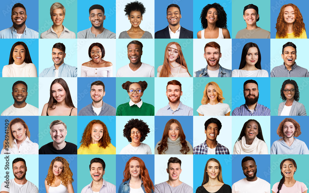 Composite Picture Of Diverse People Expressing Happiness Over Blue Backgrounds - obrazy, fototapety, plakaty 