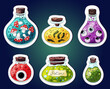 Potion bottles stickers collection. Halloween jar sticker set. Magic potion with mushrooms, eyes, fingers. Many type different wizard hand drawn cartoon style poison bottle. Scrapbook images, template