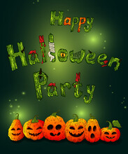 Halloween Party Invitation. Design Creative Text And Halloween Pumpkins On Dark Background.  Many Types Jack O Lanterns, Monster Liters, Mummy Symbols. Halloween Template 
