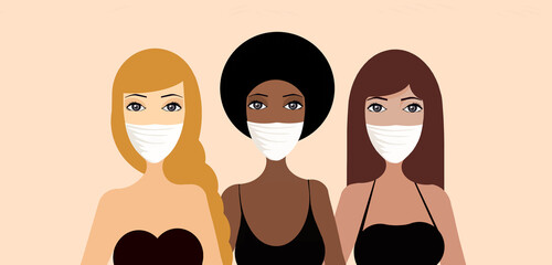 
Group of women wearing medical masks to prevent illness, flu, air pollution, contaminated air, global pollution. Drawing