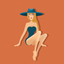 Girl In Swimsuit With Hat, Blond Hair, Sitting, Orange Background, Glamor And Fashion Character