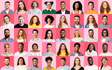 Wall Mural - Mosaic Of Young People Portraits Expressing Happiness Over Pink Backgrounds