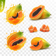 3d realistic transparent isolated vector set, whole and slice of papaya fruit, papaya in a splash of juice with drops, mango in a splash of milk or yogurt