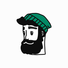 Hipster Male Face In A Hat On A White Background. Vector Illustration In A Flat Isolated Style. For Icons, T Shirt Design, Banner And Poster.