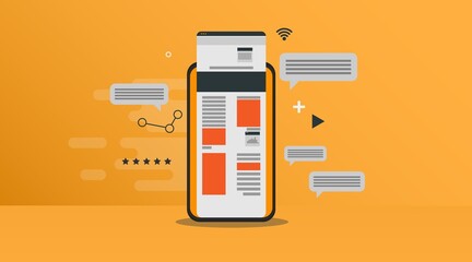 Poster - Internet Network Scheme With Mobile Phone And Icons, Orange Background