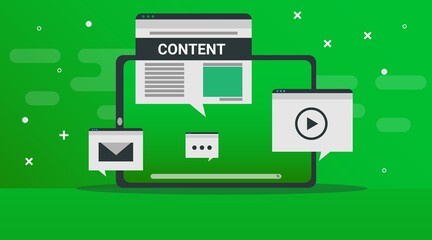 Fototapete - Web Content Illustration With Tablet And Internet Icons, Green Background