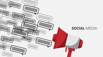 Poster - Megaphone And Social Media Message Icons Over Gray Background, Illustration