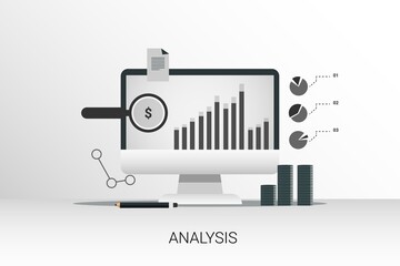 Fototapete - Laptop Computer With Internet Marketing Statistics On Gray Background, Illustration
