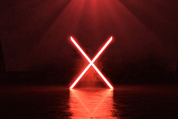 Fototapete - 3d rendering of red lighten X shape on wet metal floor