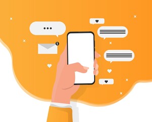 Poster - Female Hand Holding Smartphone With Message Icons, Yellow Background, Illustration