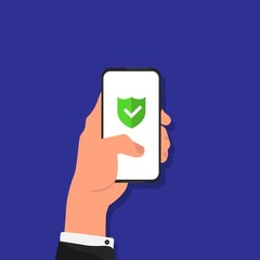 Poster - Businessman Using Smartphone With Anti-Virus Protection Over Blue Background, Vector