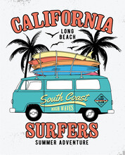 Vector Surf Car Illustration With Surfboards And Palm Trees. For T-shirt Prints And Other Uses.