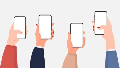 Poster - Hands Holding Smartphones With Blank Screens Over Gray Background, Illustration