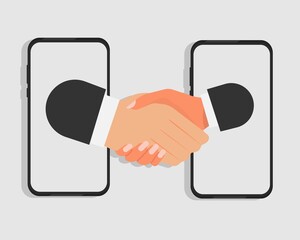 Poster - Two Businessmen Handshaking Through Smartphones Screens Over Gray Background, Illustration