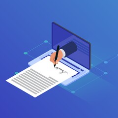 Poster - Hand of businessman signing papers from laptop screen