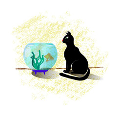 The cat looks at the aquarium, vector