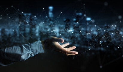 Fototapete - Businessman using floating digital network connections with dots and lines 3D rendering