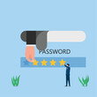 Man fill password on web and hacker stole metaphor of hack and social engineering. Business flat vector concept illustration.