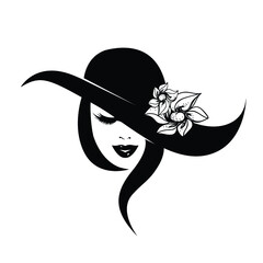 Wall Mural - Beautiful woman with elegant hairstyle and makeup, wearing a hat with decorative flower.Fashion model.Smiling lady portrait.Cosmetics and spa icon.Fashion, hair salon and beauty studio logo.