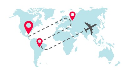 Poster - plane global world map flight way path trace with arrival pin pointer markers or track airplane worl