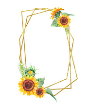 Gold Asymmetric Frame With Watercolor Sunflowers, Leaves. Hand Painted Illustration. Can Be Used For Wedding Invitations, Greeting Cards, Birthday And Baby Cards.