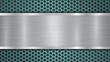 Background of light blue perforated metallic surface with holes and horizontal silver polished plate with a metal texture, glares and shiny edges