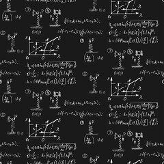 Physical seamless pattern with the equations, figures, schemes, plots and other calculations on blackboard. Handwritten vector Illustration. Vintage education background.