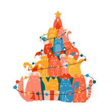 Christmas Tree Made Of Many Funny Cats. New Year Greeting Card Illustration. Flat And Line Hand Drawn Vector Illustration.