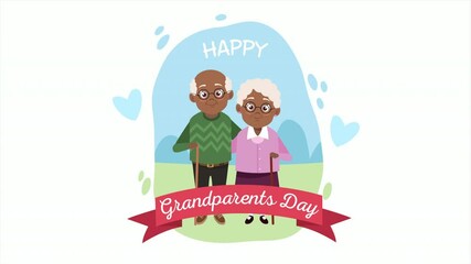 Poster - happy grandparents day card with afro old lovers couple and ribbon in the camp