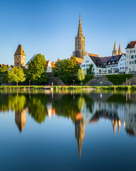 View from neu-ulm to ulm with river danube and ulmer minster in the morning at sunrise beautiful weather