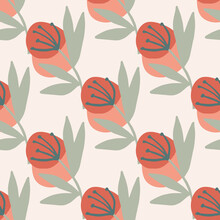 Seamless Pattern With Pink And Red Dandelion On Pastel Light Background.