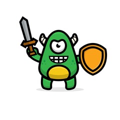 cartoon cute green monster hold sword and shield