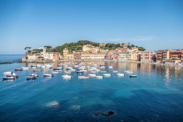 Panoramic aerial view of the Bay of Silence in Sestri Levante