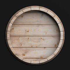 Wooden barrel top view isolated on black background 3d illustration