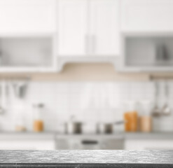 Empty grey stone table in modern kitchen interior