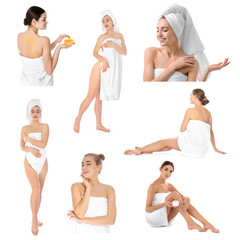 Wall Mural - Beautiful women with towels on white background, collage