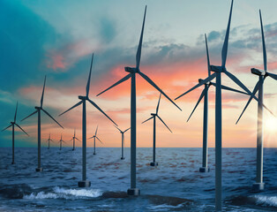 Wall Mural - Floating wind turbines installed in sea. Alternative energy source